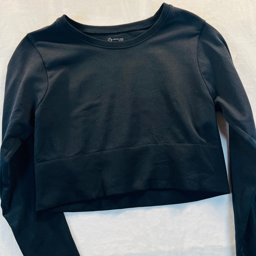 OFFLINE by Aerie Womens Black Seamless Long Sleeve Crop Top Activewear Large